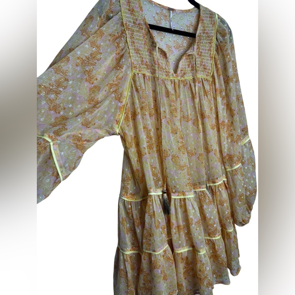 Free People Sheer Flowy Yellow Paste Ruffle Tiered Mini Dress Small *no slip - Picture 3 of 10